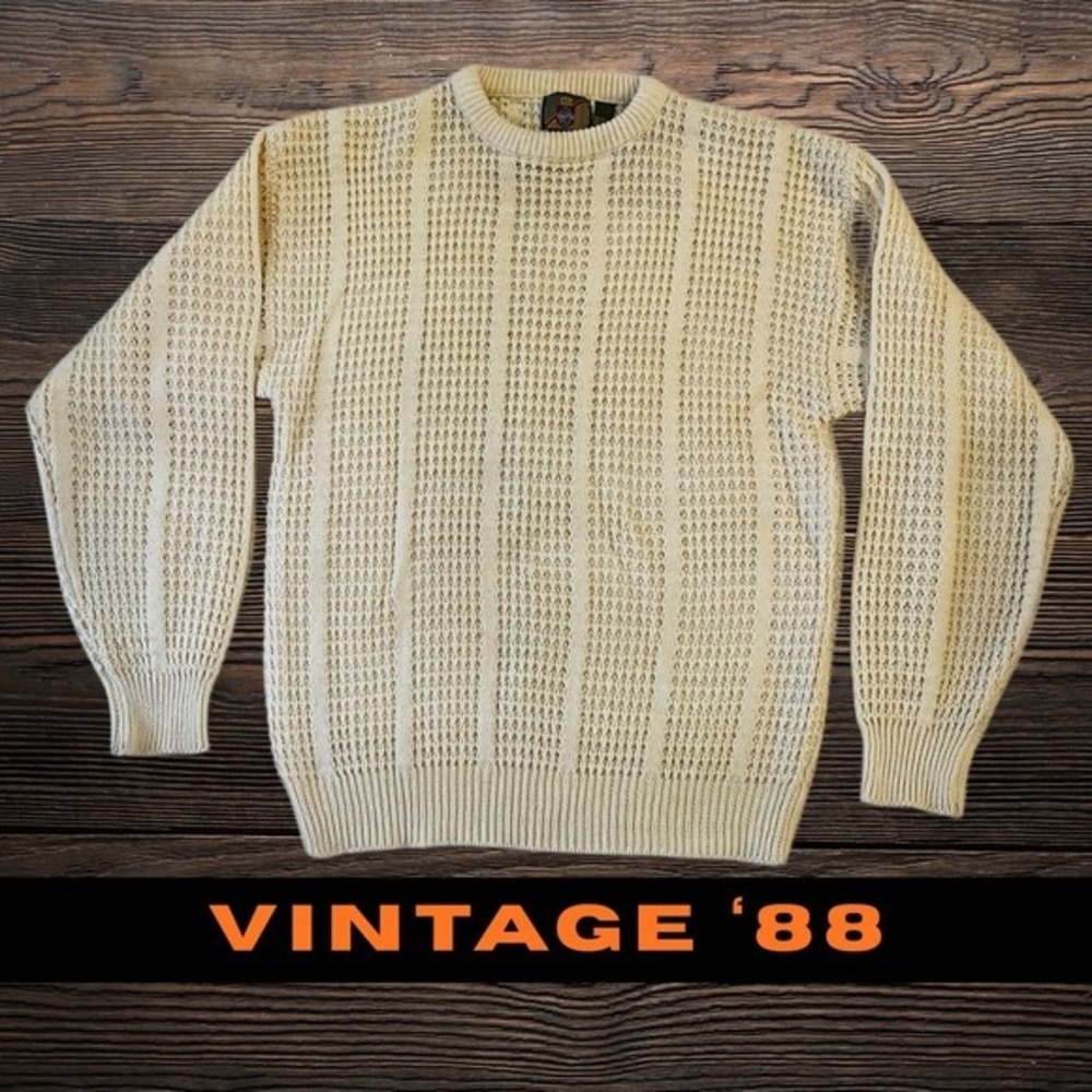 Vintage Saturdays Cream Knit Crew Neck Sweater Medium Acrylic Pullover 80s 1988‎